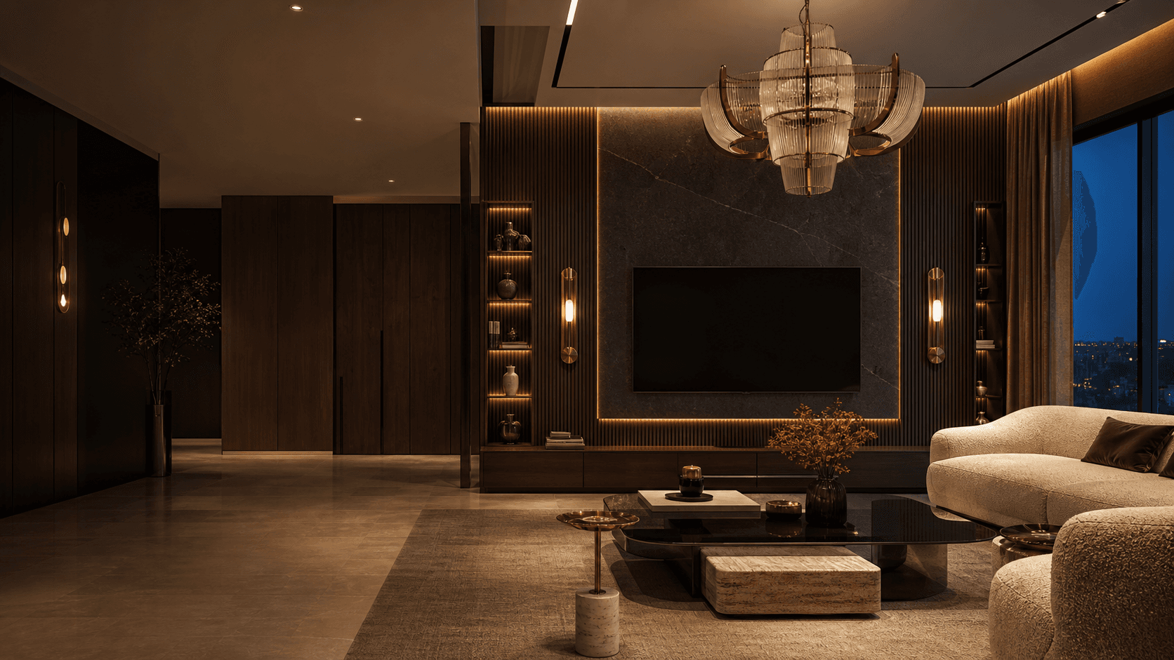 Warmly lit luxury living room designed by Dimensions Decor